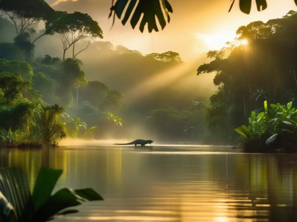 Leyenda del Hombre Caimán en la selva colombiana al anochecer, con niebla entre los árboles