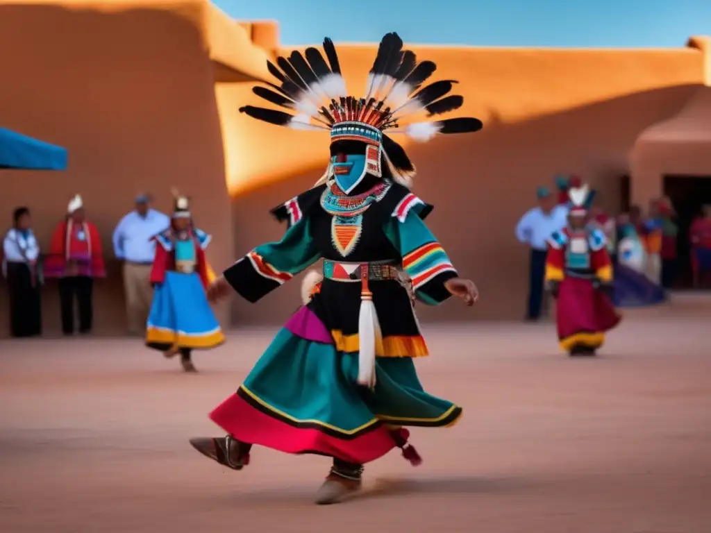 Kachina danzando en un pueblo con paisaje de mesas rojas y adobe, rodeado de misticismo y cultura Pueblo