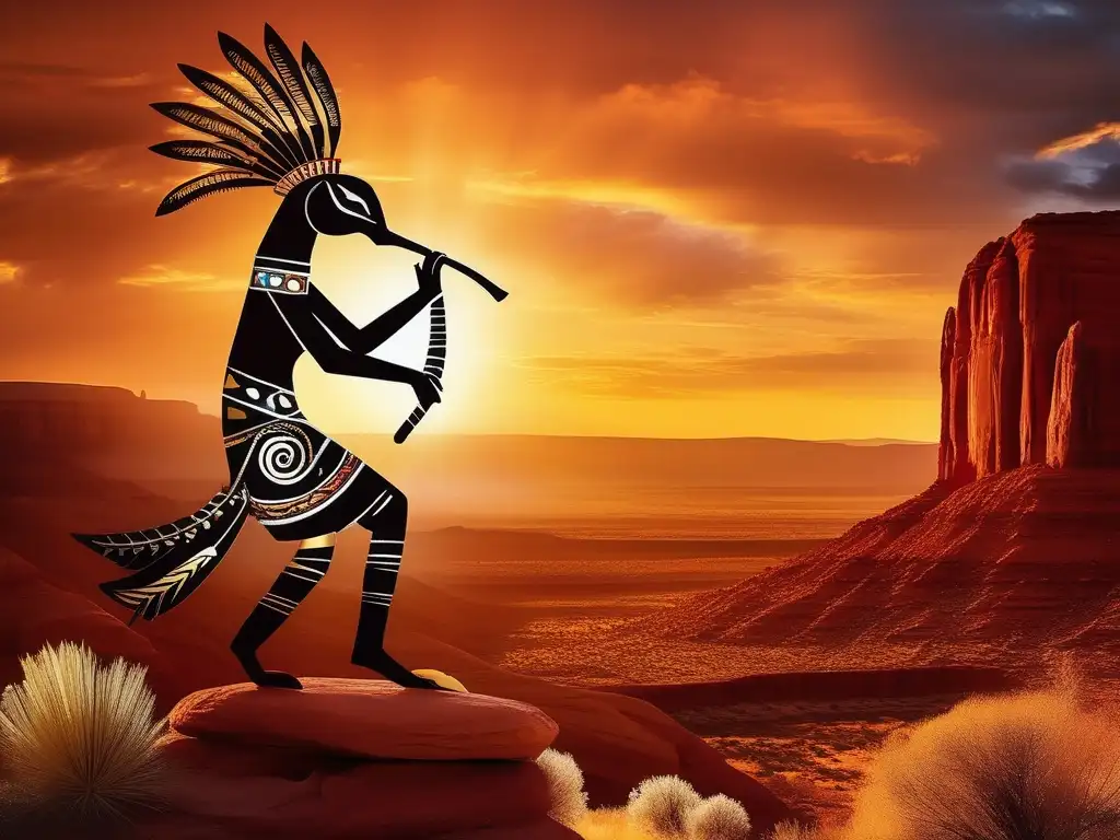 Criaturas mitológicas de la cultura Pueblo - Kokopelli, deidad flautista, en majestuosa imagen etérea