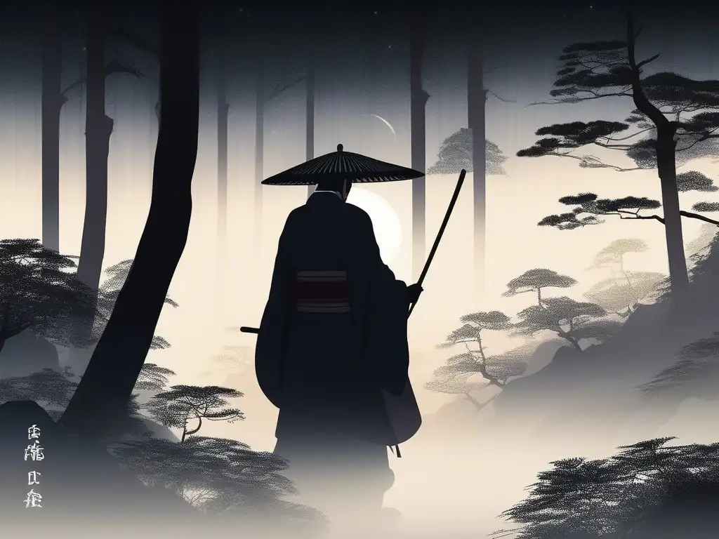 Komusō obake música meditación en bosque misterioso, figura solitaria tocando shakuhachi bajo la luna