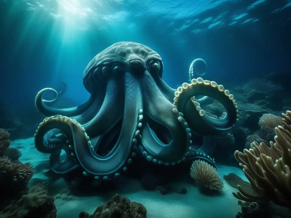 Origen y mitología del Kraken - Escena submarina con el misterioso Kraken, tentáculos ondulantes y arrecifes de coral vibrantes