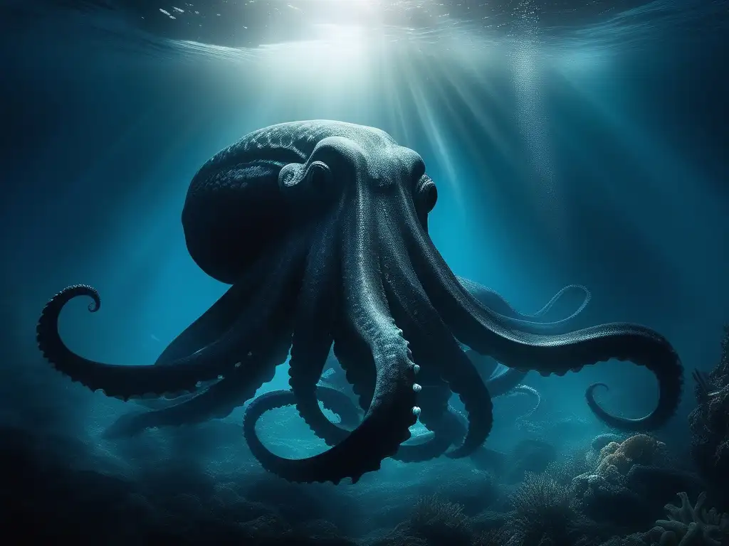 Misterios del mar: Kraken japonés, una imagen etérea y soñadora del Kraken en lo profundo del océano