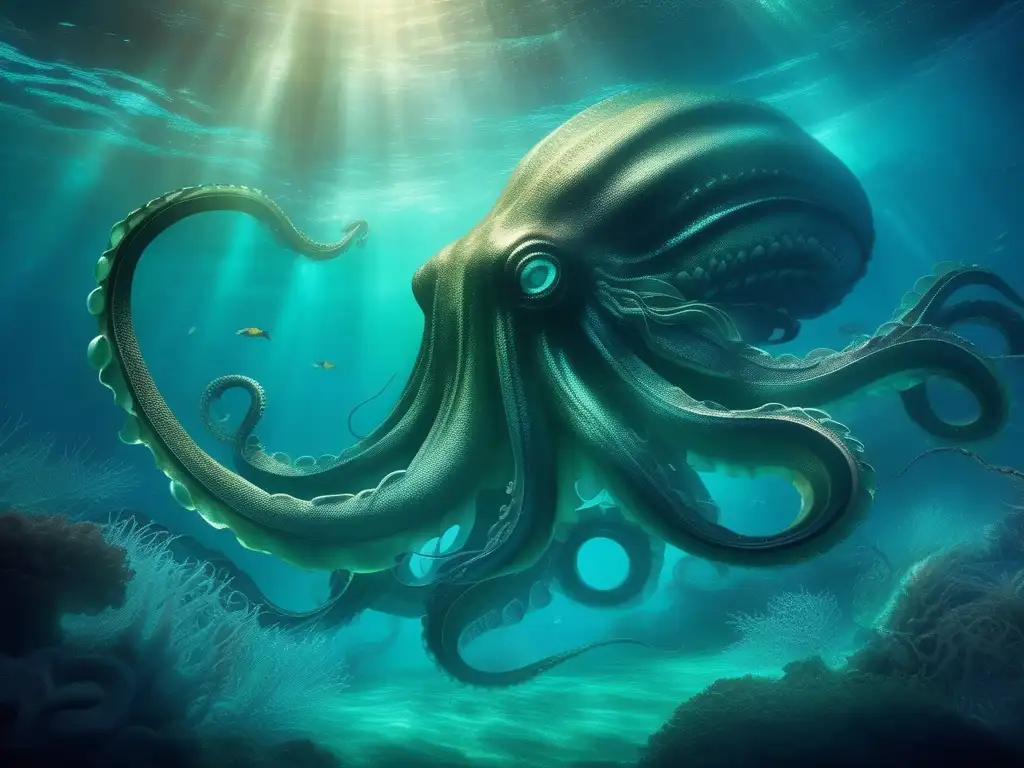 Criaturas míticas en celebraciones de Año Nuevo: un kraken inmenso emerge del océano, rodeado de seres etéreos y mágicos