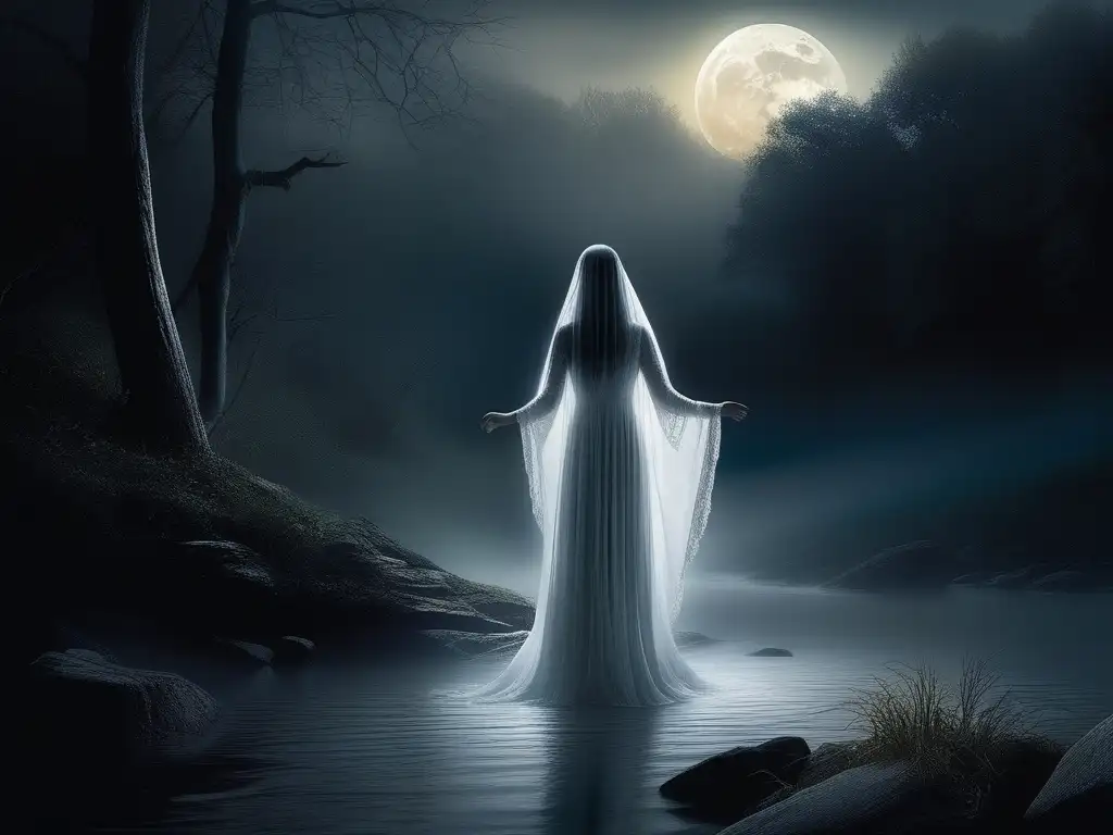 Leyenda de La Llorona en Sudamérica: imagen surrealista y etérea de la figura legendaria en un paisaje nocturno misterioso