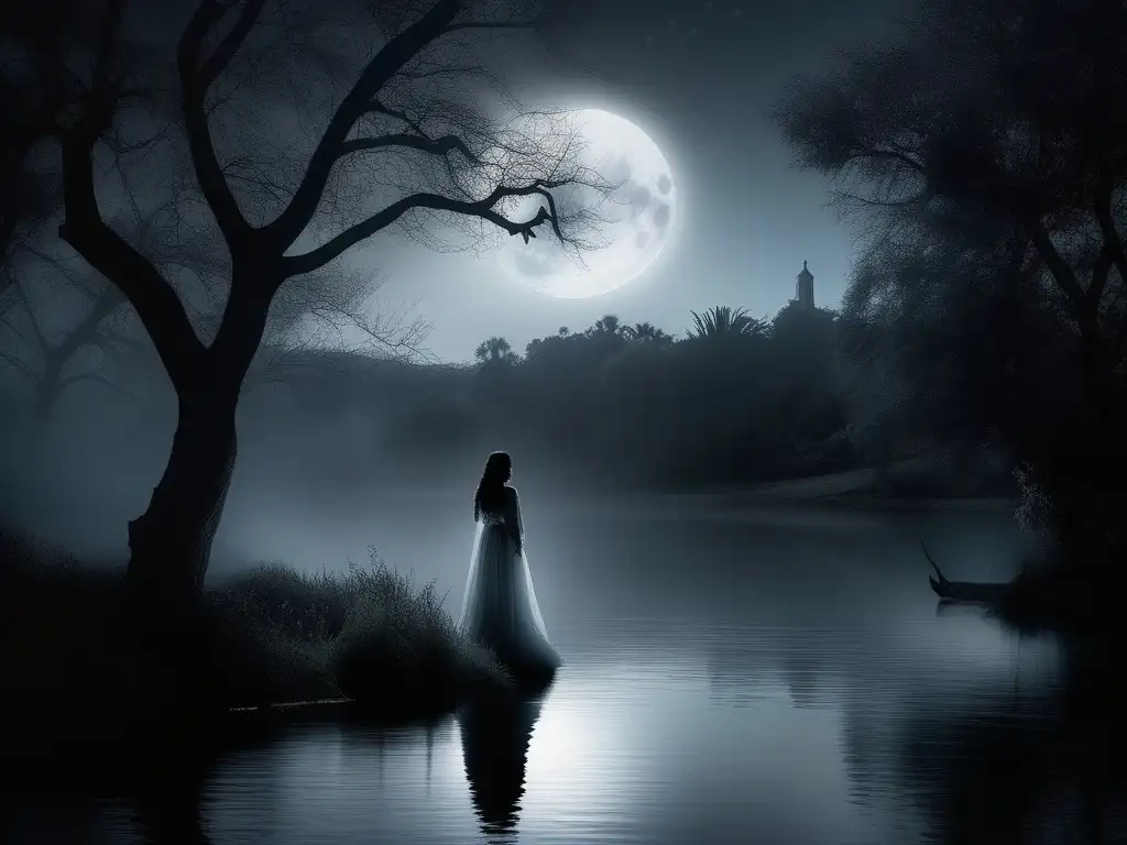 Leyenda de la Llorona: amor y transformación en la ribera del río, bajo la luna y entre árboles llorones