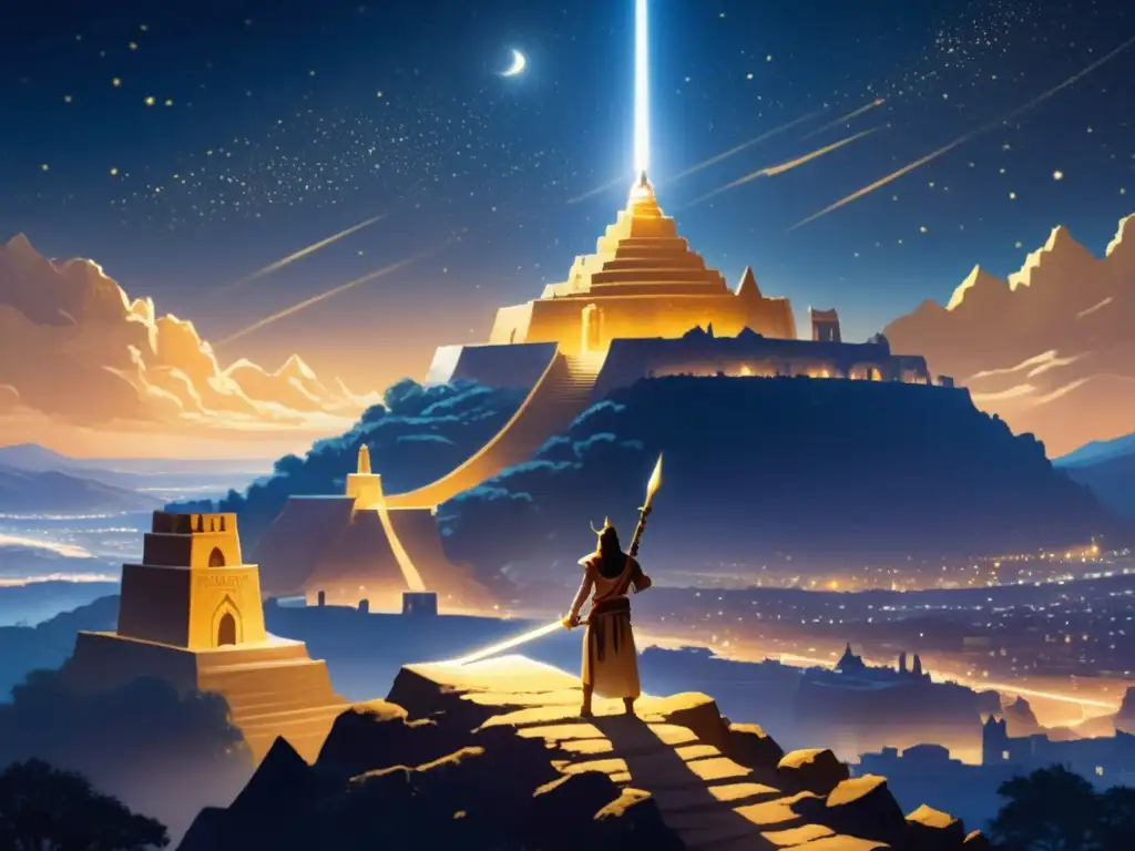 Ciudad antigua de Babilonia: Noche estrellada, héroe en ziggurat, amor y mitología trágica