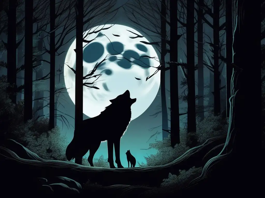 Bosque nocturno iluminado por la luna llena, figura mitad humana mitad lobo en transformación, significado cultural hombres lobo