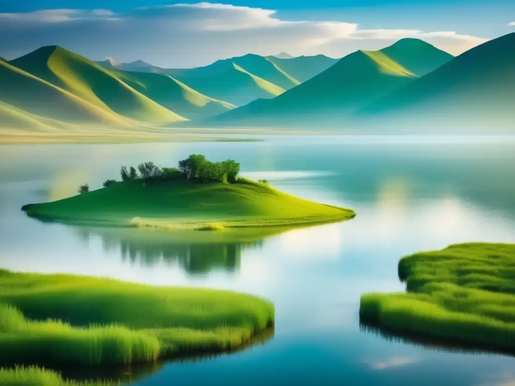 Paisaje mágico en Mongolia con lago cristalino rodeado de colinas verdes y montañas misteriosas