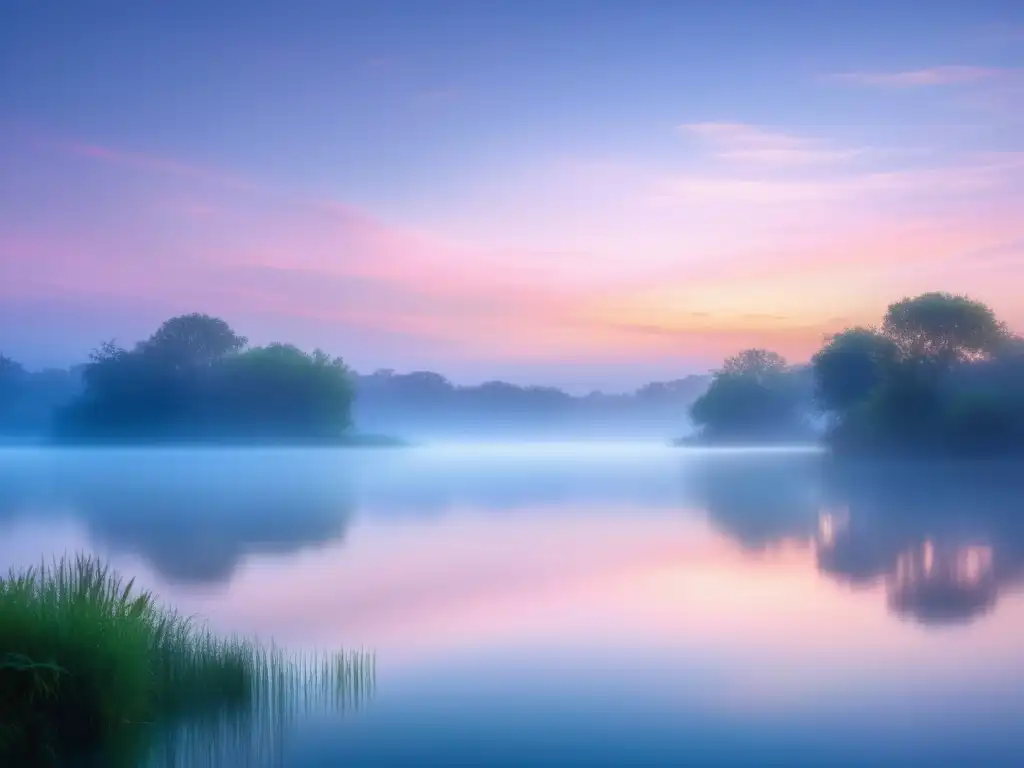 Un paisaje sereno y mágico al atardecer, con un lago tranquilo rodeado de vegetación exuberante