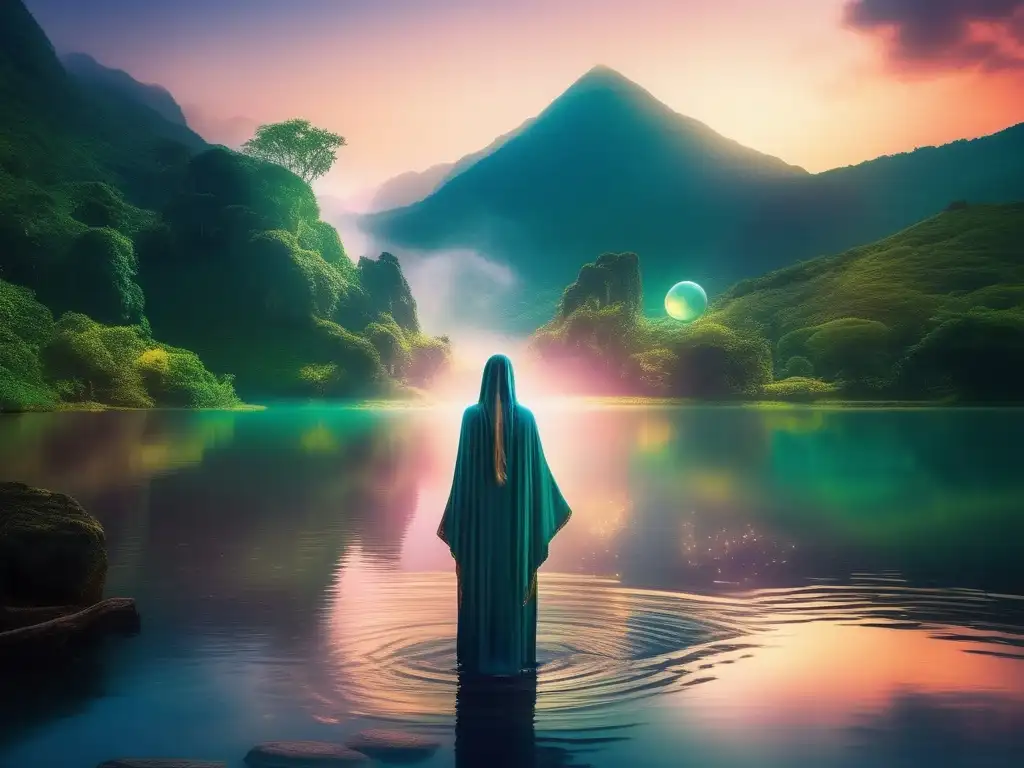 Figura mística junto a lago rodeado de montañas nebulosas Imagen de folklore eslavo con transformaciones y leyendas misteriosas