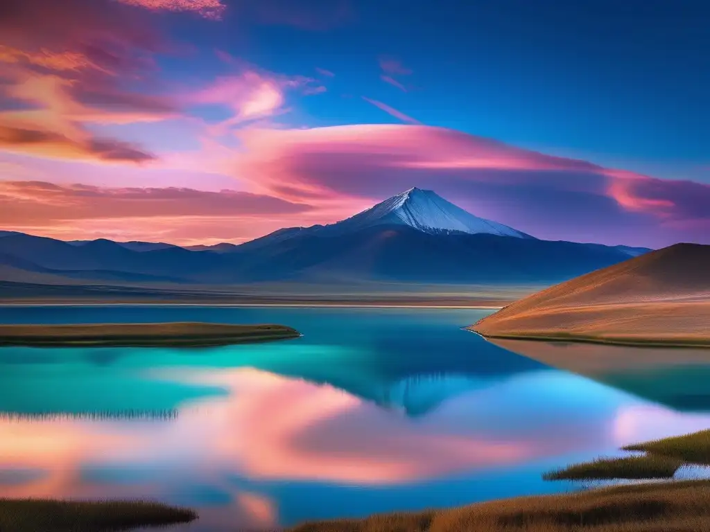 Criatura acuática mongola, lago sereno, cielo vibrante