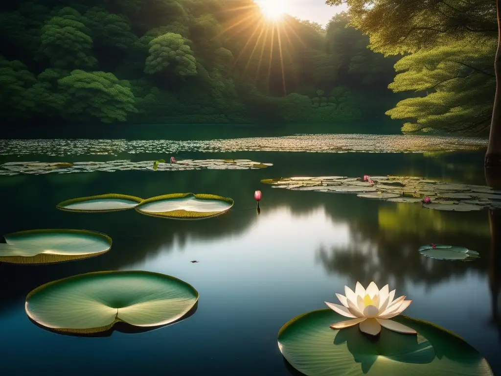 Imagen: Lago sereno rodeado de vegetación, lotus blanco en flor, reflejos de colores vibrantes