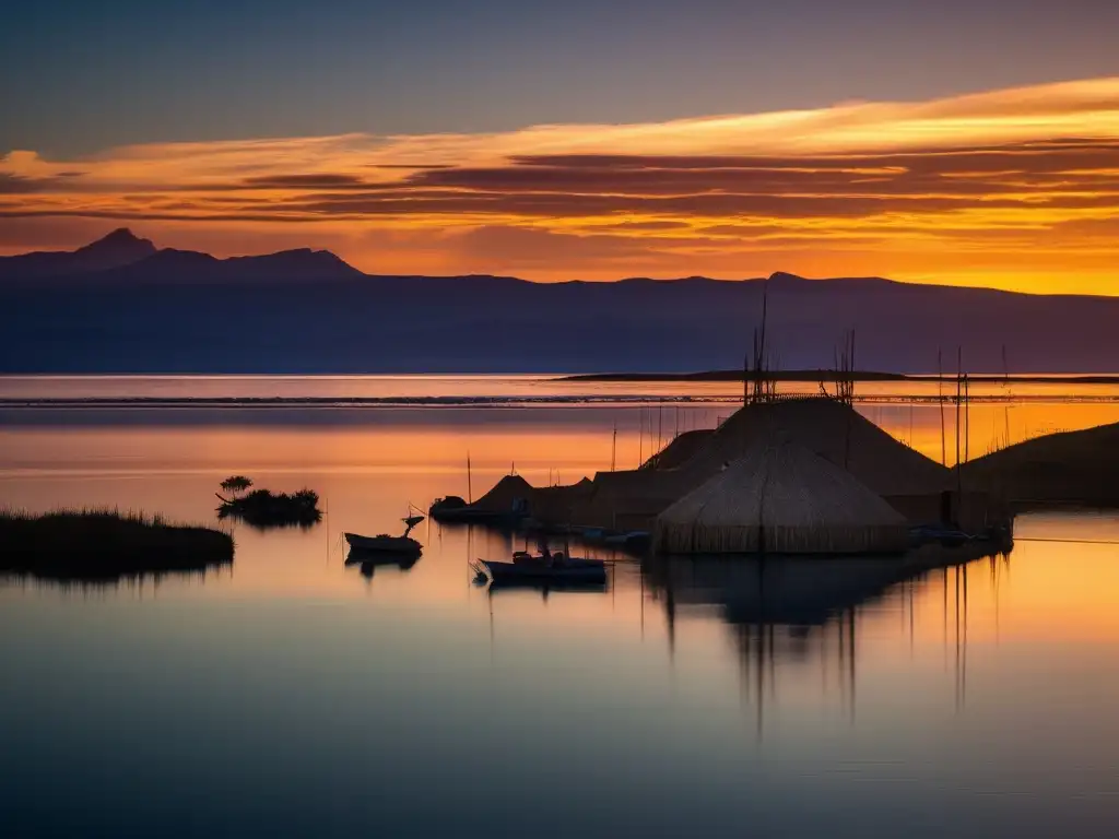 Místico Lago Titicaca al atardecer, reflejando mitos y leyendas del lugar