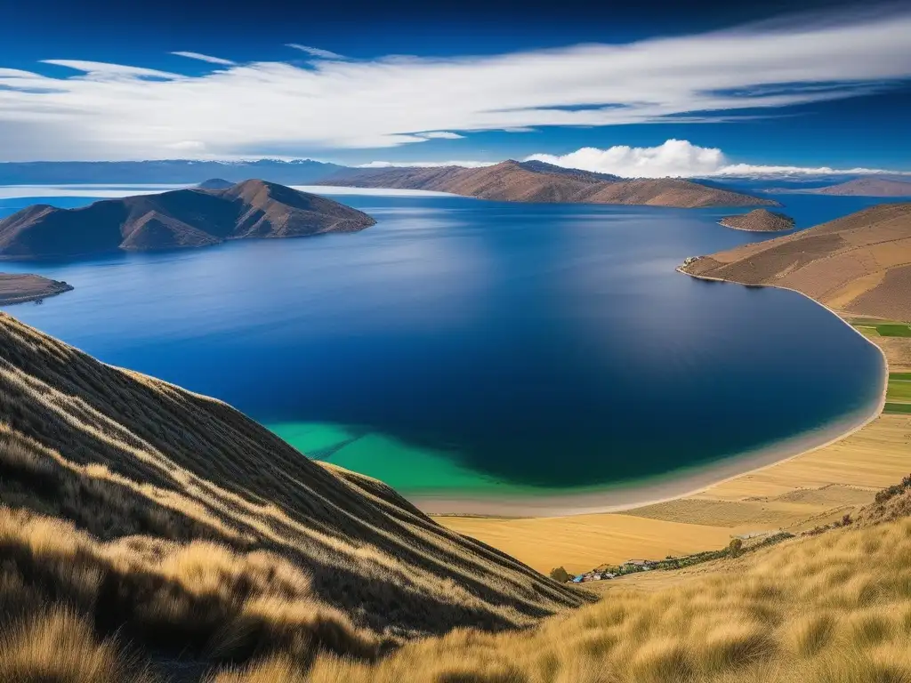 Mitos y leyendas del Lago Titicaca: imagen mágica del lago, paisaje sereno, deidad mítica emergiendo, atmósfera cautivadora