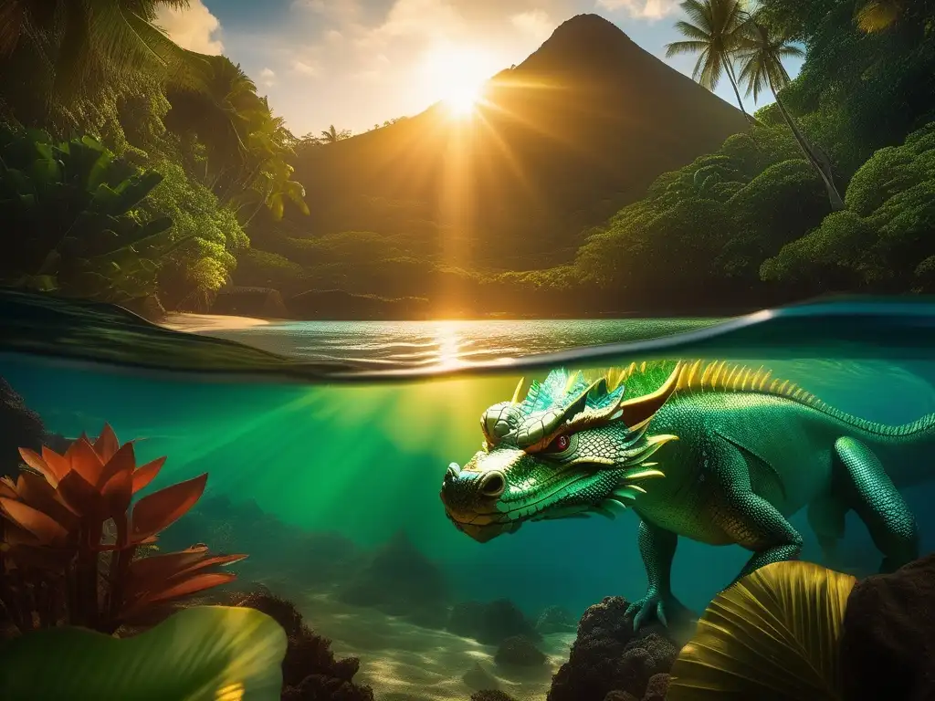 Paraíso tropical: Lagoon y Mo'o místico Criaturas mitológicas de Oceanía exploradas: lago escondido, aguas cristalinas y Mo'o legendario emergiendo