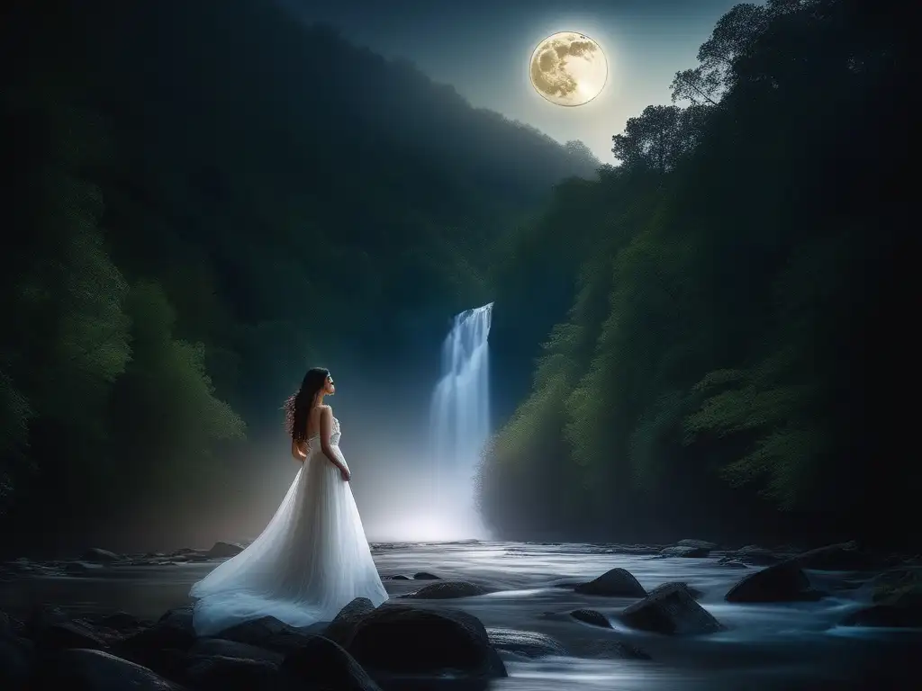 La Llorona, leyenda de Sudamérica: río iluminado por la luna, bosque denso, figura en vestido blanco junto al agua