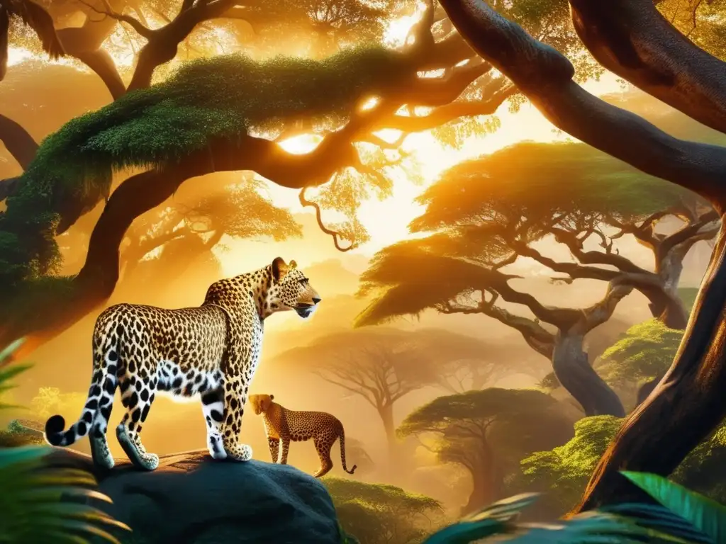 Imagen de espíritus animales mitológicos en África, bosque encantado, leopardo majestuoso, símbolos místicos