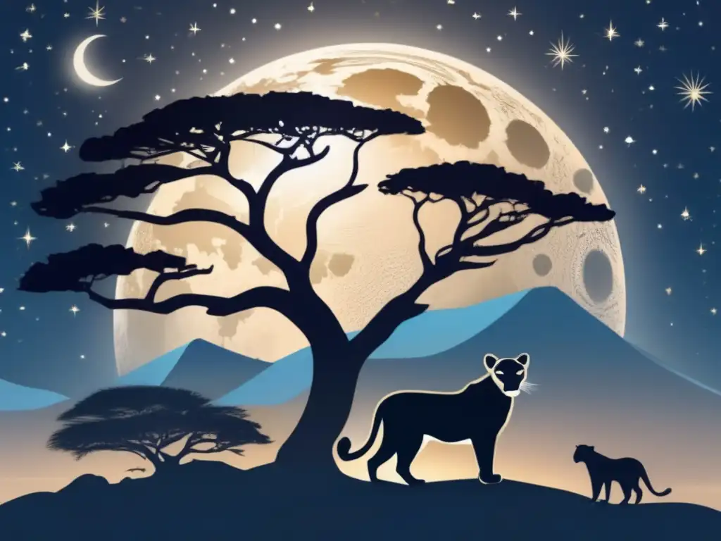 Dios leopardo en África ancestral, paisaje místico con luna, árboles baobab y tribus