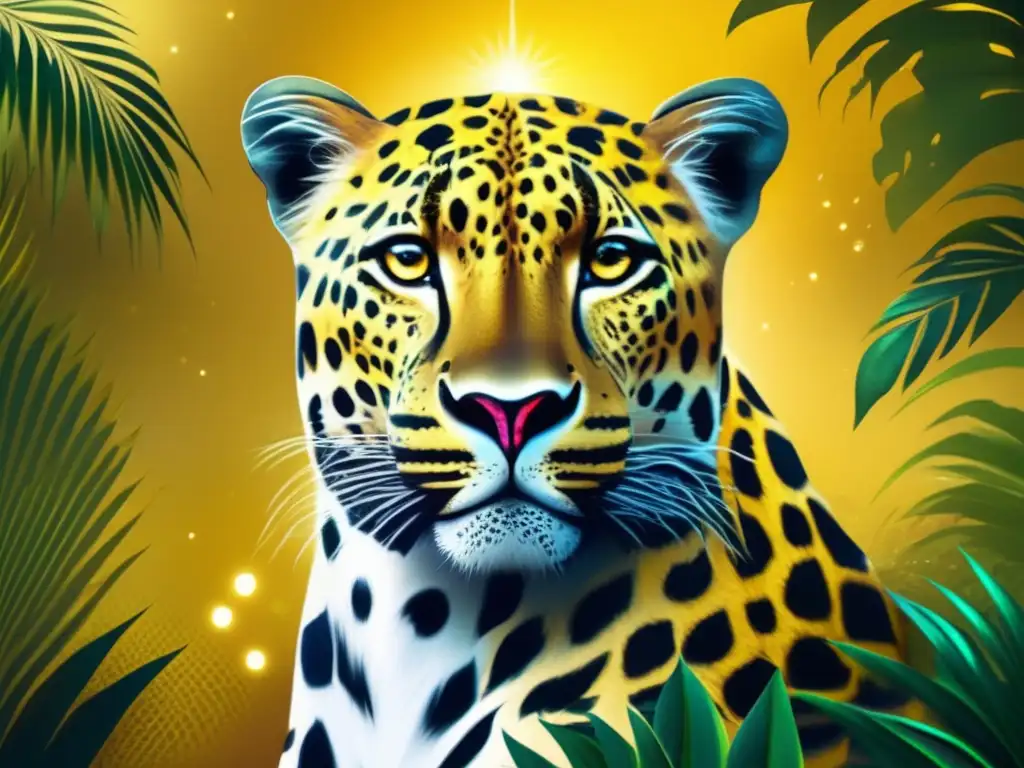 Dios leopardo en África ancestral - imagen mística del poderoso dios leopardo en la selva africana, con ojos verdes y patrón sagrado