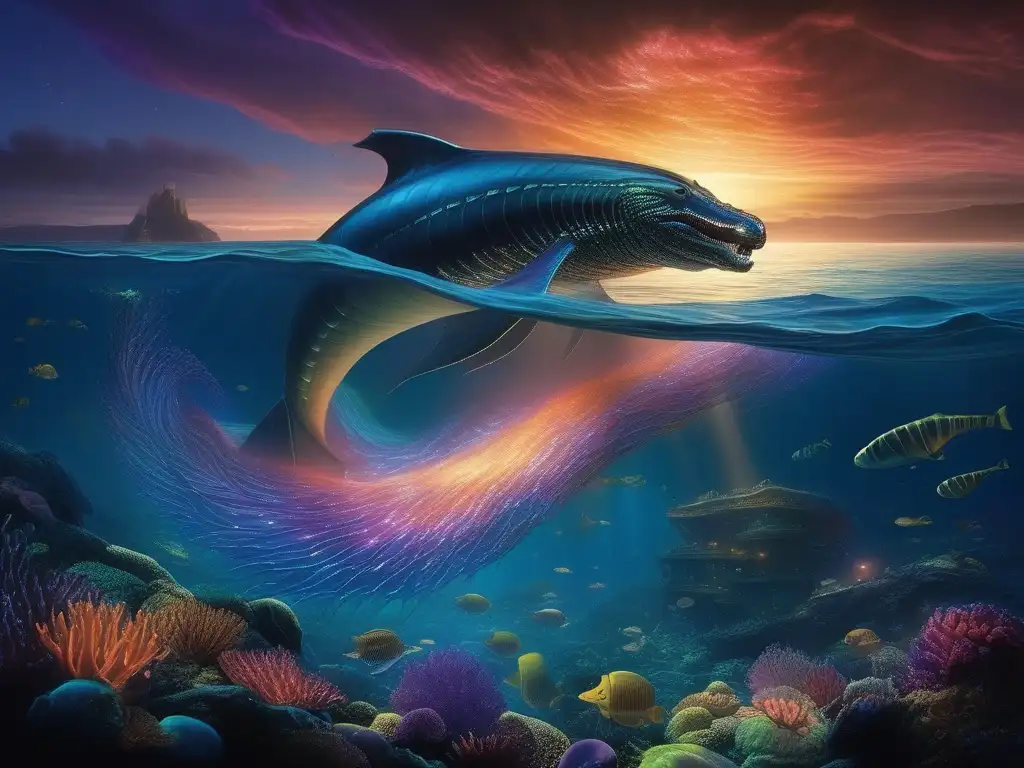 Monstruos marinos mitológicos en la ciencia ficción: Leviathan emerge del oscuro océano iluminado por bioluminiscencia