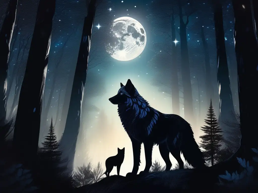 Licántropo mitológico en bosque nocturno, fusión humano-lobo, poder y sabiduría, licántropo hombres lobo mitología