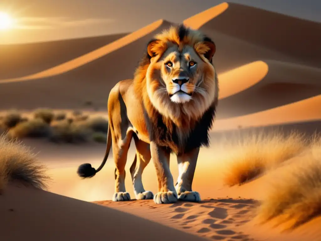 Majestuoso león africano en el desierto - Mitología africana: Criaturas del desierto