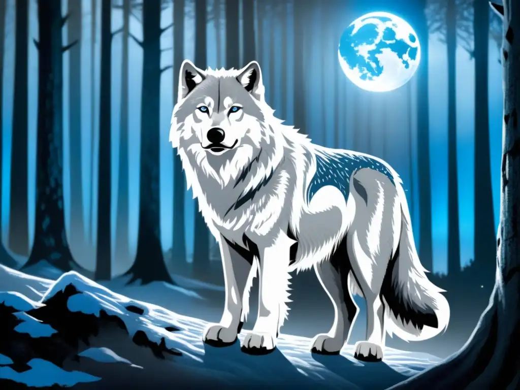 Majestuoso direwolf simbolizando criaturas mitológicas en Game of Thrones