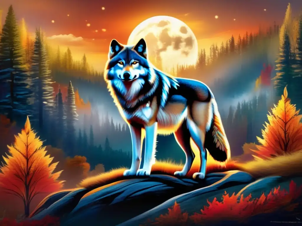 Simbolismo del lobo en mitología: majestuosidad y protección en un bosque encantado con luna y folaje otoñal