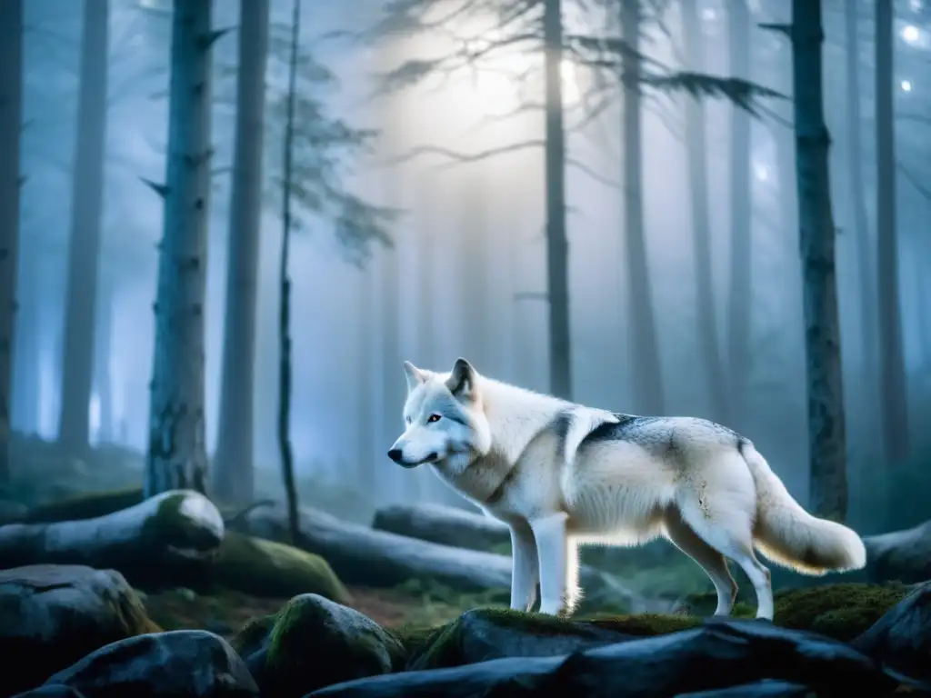 Orígenes míticos de los cambiaformas en un bosque de luna llena, misterioso y fascinante, con un majestuoso lobo blanco y figuras sombrías emergiendo