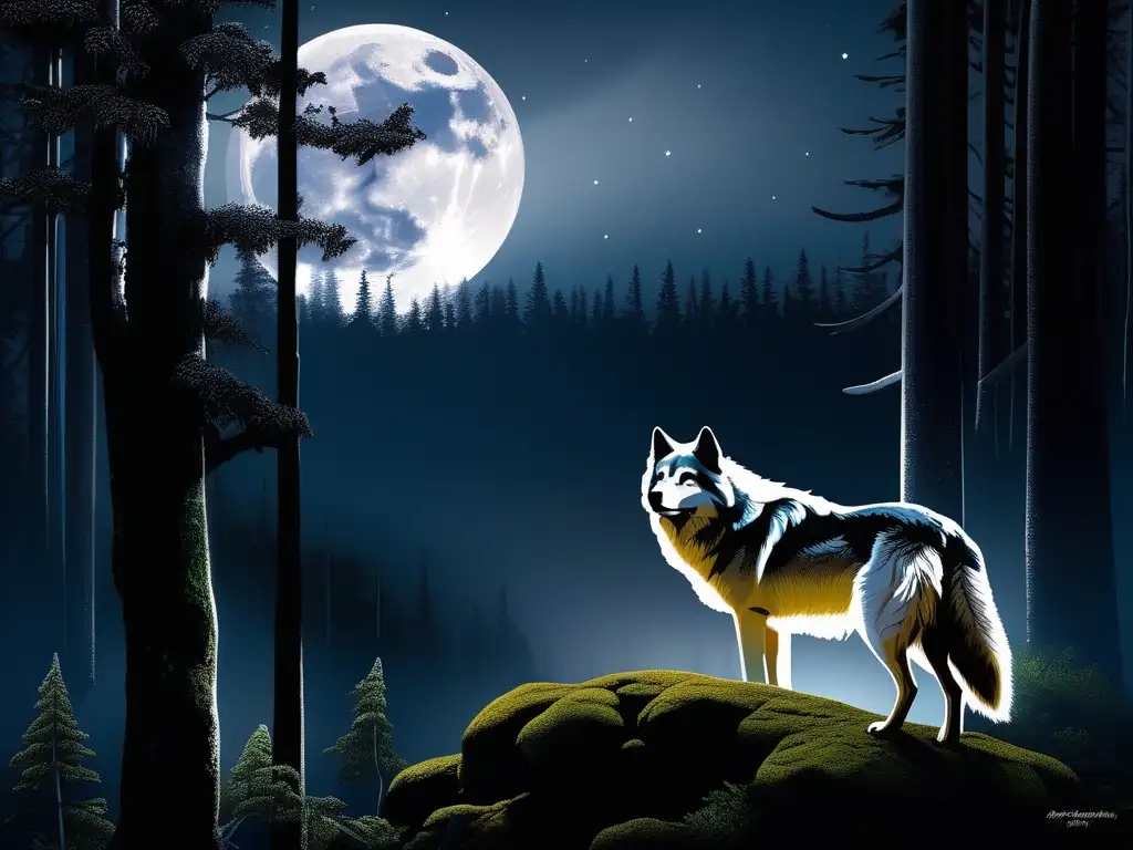 Mito hombre lobo: realidad o ficción - Lobo solitario bajo luna llena en bosque místico