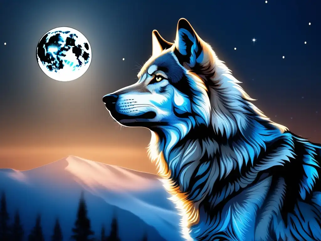 Imagen de lobo en la noche con leyendas de lobos y mitología lunar