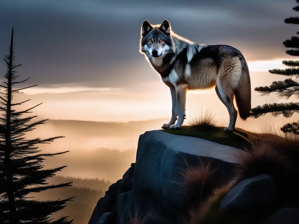 Majestuoso lobo en un acantilado al atardecer, simbolismo del lobo en mitología