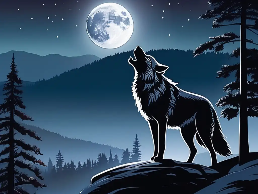 Leyendas de lobos y mitología lunar: escena nocturna con lobo aullando bajo la luna llena en un bosque místico