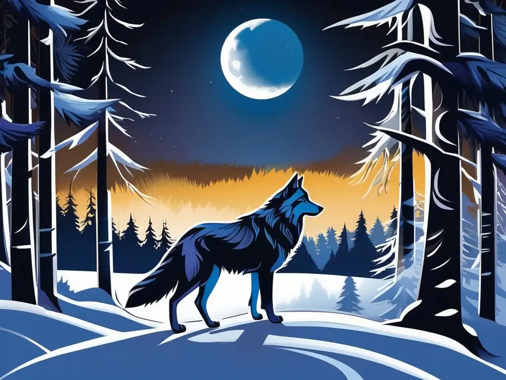 Lobo majestuoso en bosque de luna: simbolismo lobo luna literatura fantasía