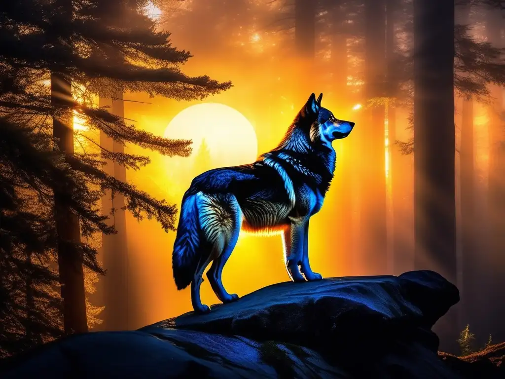 Imagen de lobo solitario en un bosque místico con colores vibrantes y energía mágica