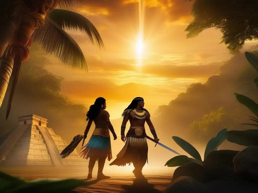 Historias de amor mitología Maya, Xbalanque e Ixchel en un paisaje mágico y etéreo