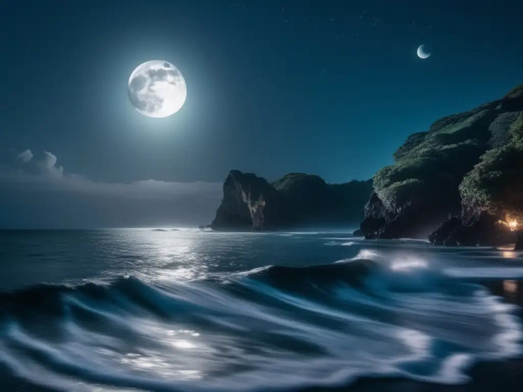 Criaturas mitológicas nocturnas emergen de un mar misterioso bajo la luz de la luna