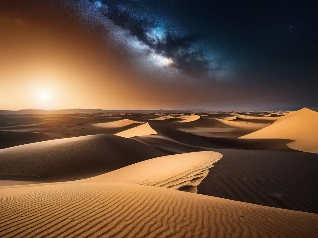 Paisaje de desierto iluminado por la luna con un genio dorado y místico sosteniendo una lámpara mágica - Mitología Árabe: Genios y Cultura