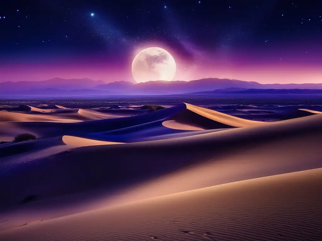 Paisaje de desierto nocturno con dunas púrpuras, cielo estrellado y misteriosa daga de Tutankamón