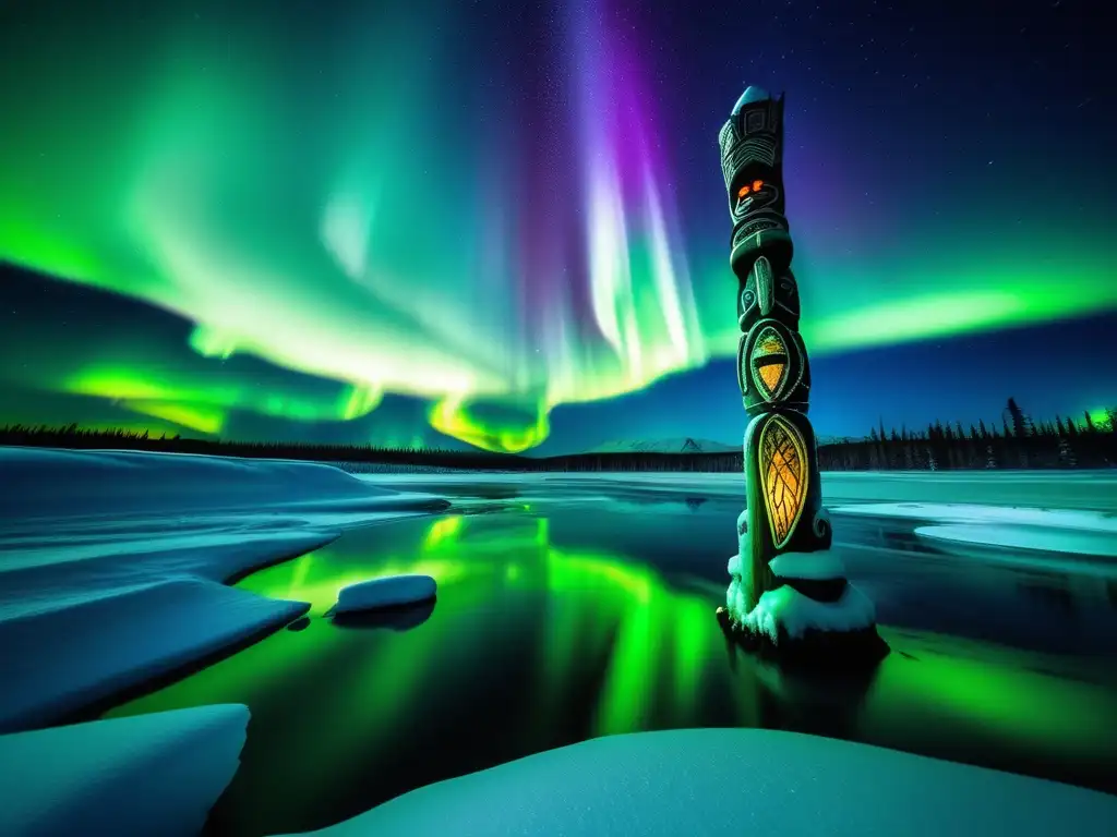 Aurora boreal iluminando paisaje nevado en Alaska con criaturas mitológicas nativas