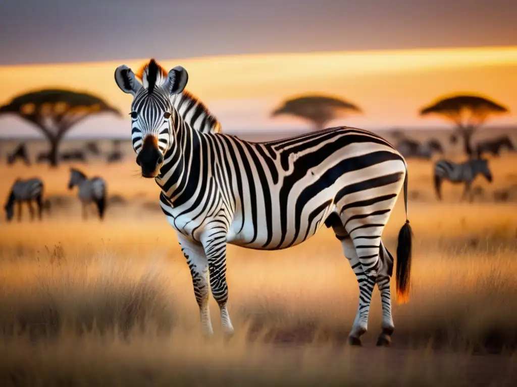 Majestuosa imagen de la sabana africana al atardecer, con una zebra divina y un ritual sagrado en honor al dios de las cebras