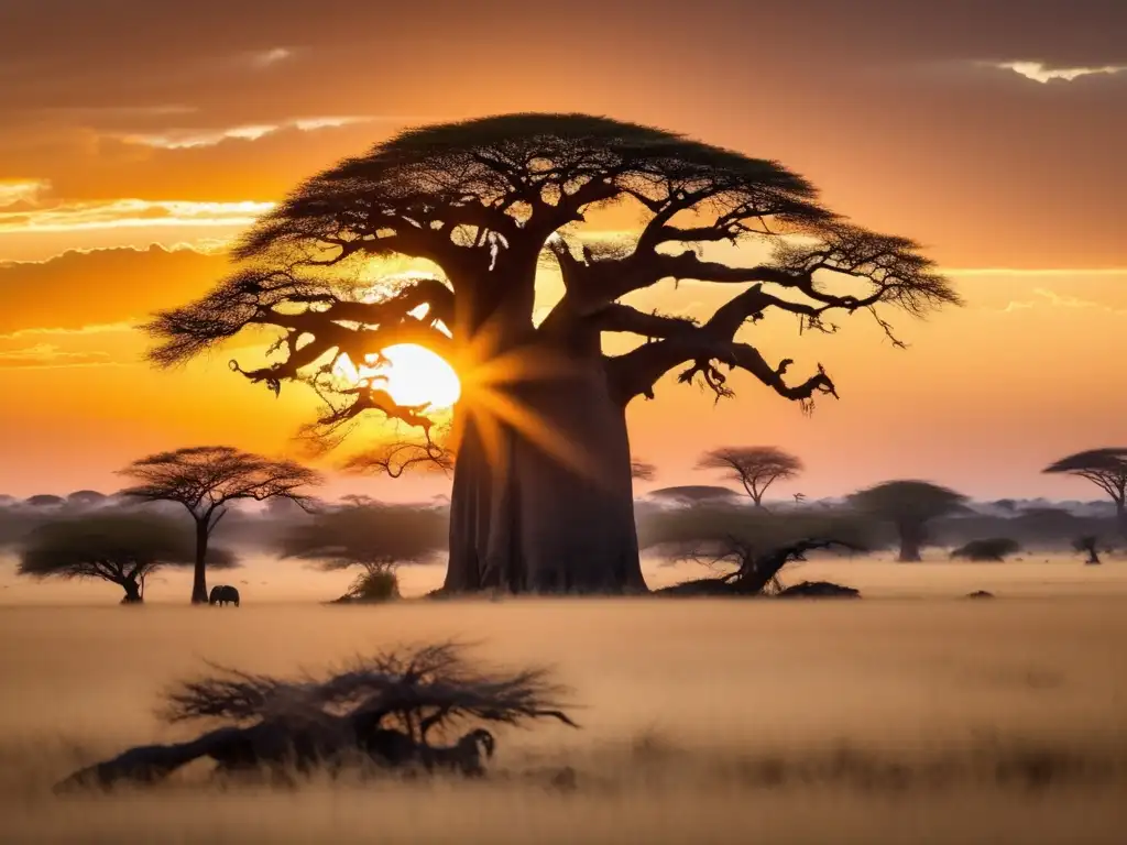 Paisaje africano con Baobab y Guardianes secretos de la mitología africana