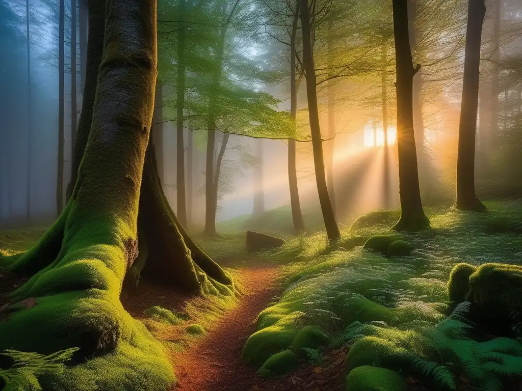 Bosque místico al amanecer con rayos dorados filtrándose entre árboles milenarios