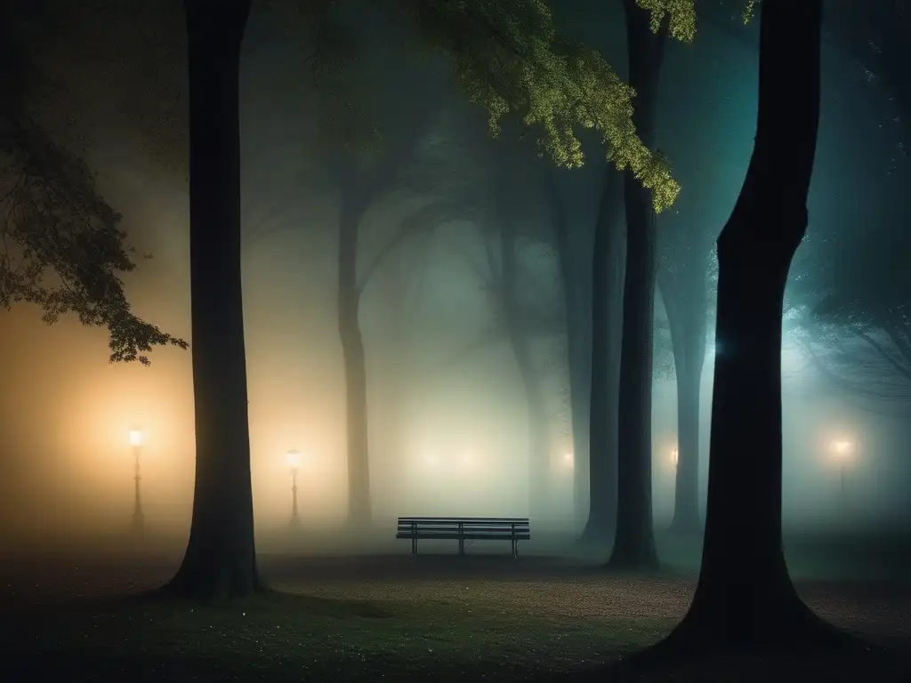 Fantasmas en parques: misteriosa escena nocturna de un parque en la ciudad, envuelto en una neblina etérea