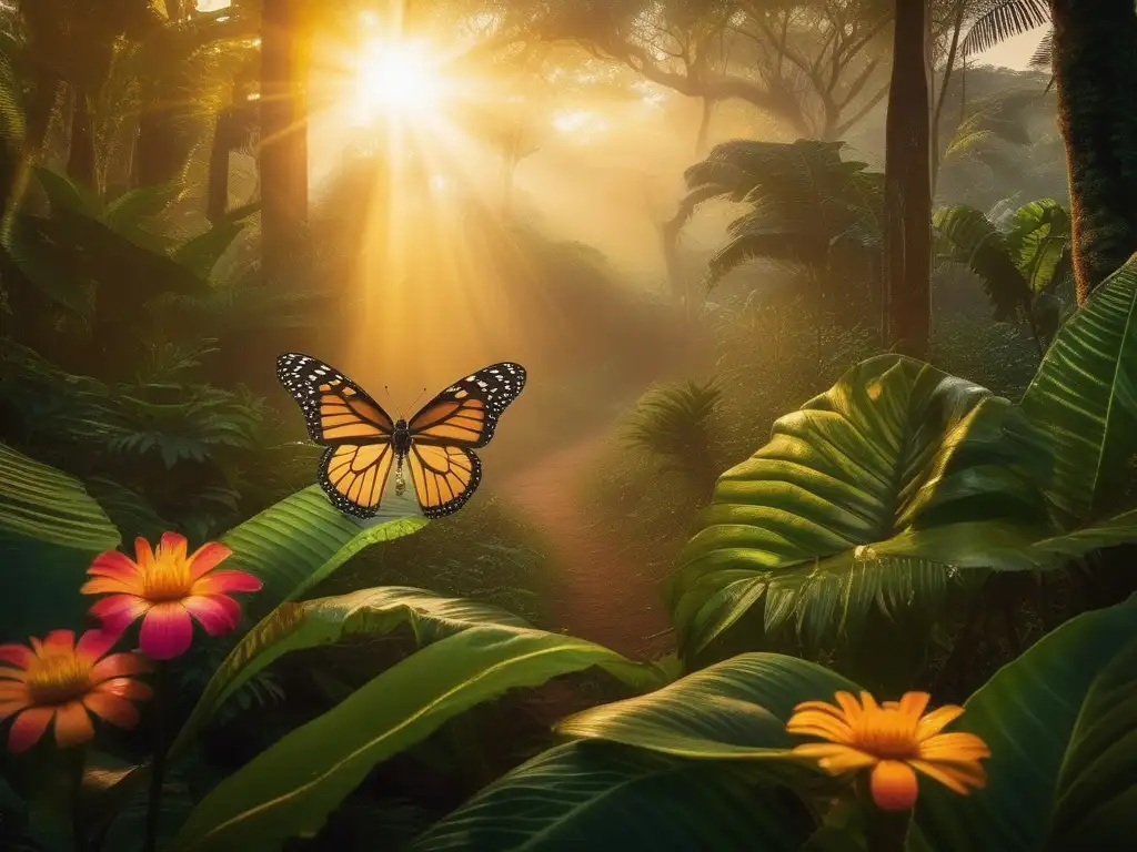 Un maravilloso bosque africano con una diosa mariposa rodeada de luz y color