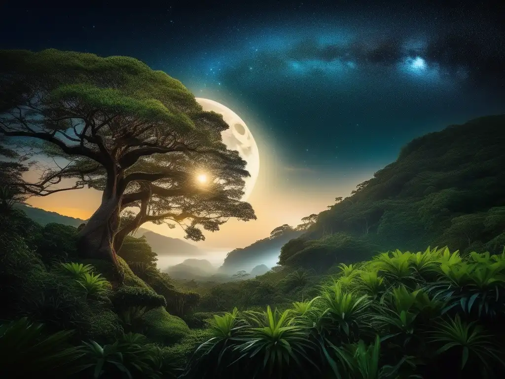 Paisaje nocturno de Oceanía con estrellas, luna, árbol antiguo, flora, fauna y secretos leyendas ancestrales