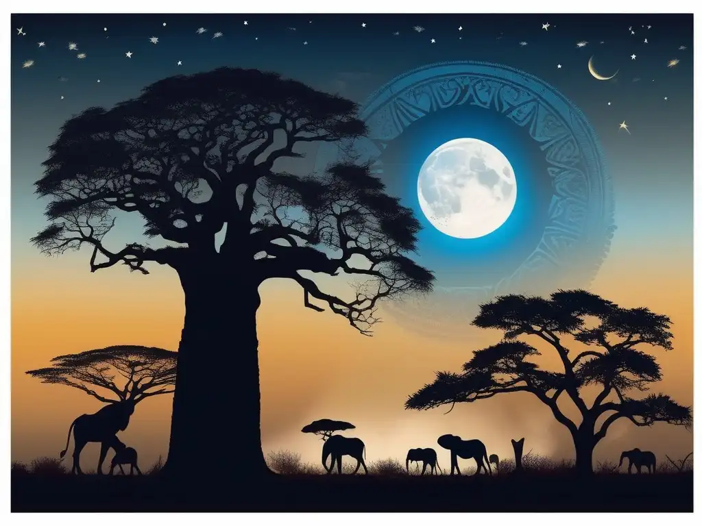 Criaturas mitológicas africanas en una imagen mágica de la sabana iluminada por la luna, envuelta en neblina