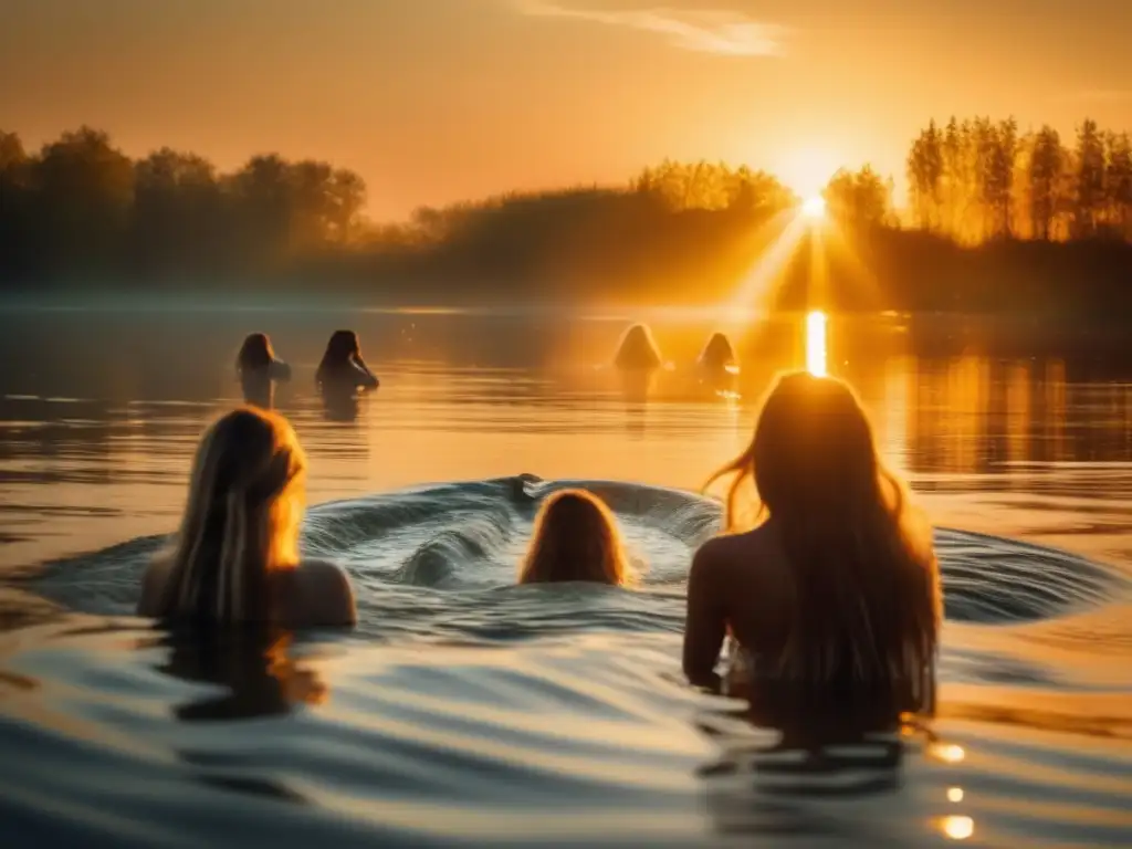 Sirenas en río, mitología eslava: belleza etérea y misteriosa, escena dorada, cabello largo y cola brillante, vegetación acuática y encanto