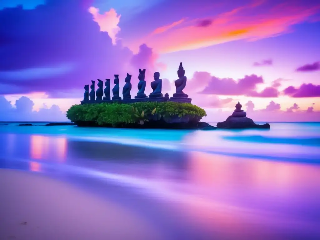 Ritos y misticismo de Tuvalu: atardecer místico con estatuas ancestrales y conexión espiritual con la naturaleza