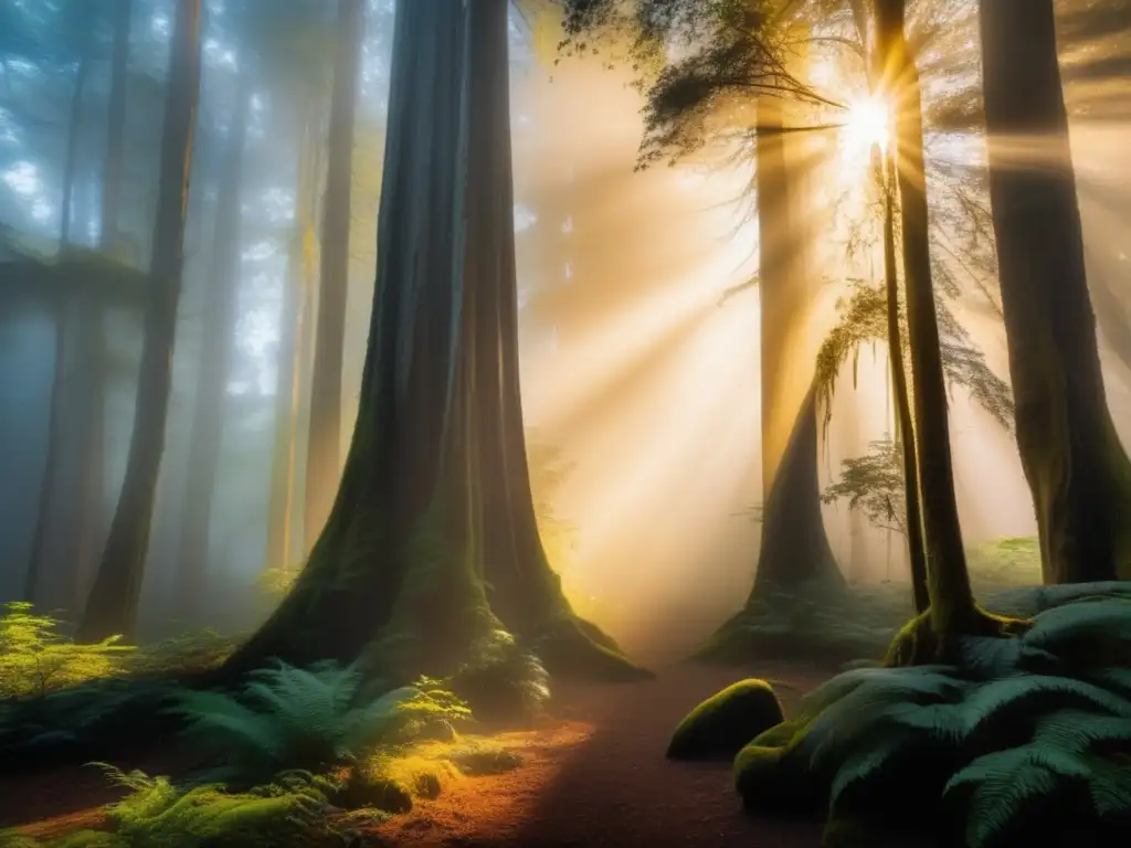 Mist-covered ancient forest, with majestic trees reaching towards the sky